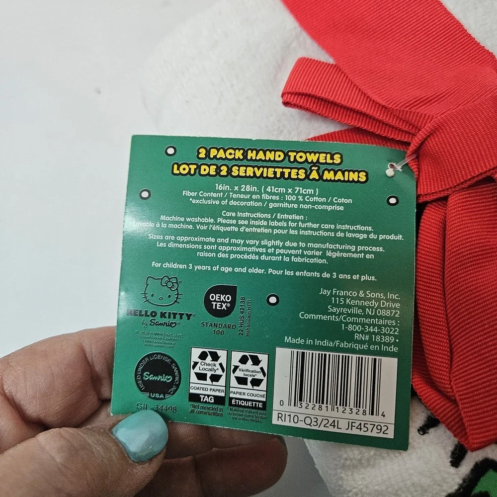 Hello Kitty Christmas White Bathroom Hand Towel Set(2 Towels) Embroidery Holiday